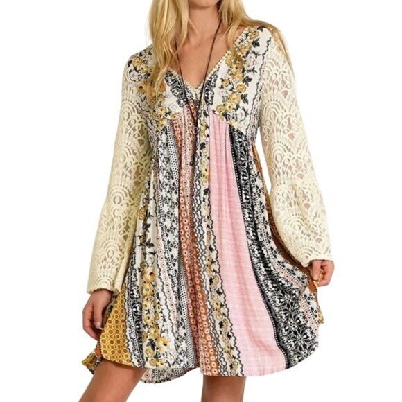 Boutique Dresses & Skirts - Mixed Print Lace Bell Sleeve Mini Dress | Boho Coastal Cowgirl Whimsigoth Indie